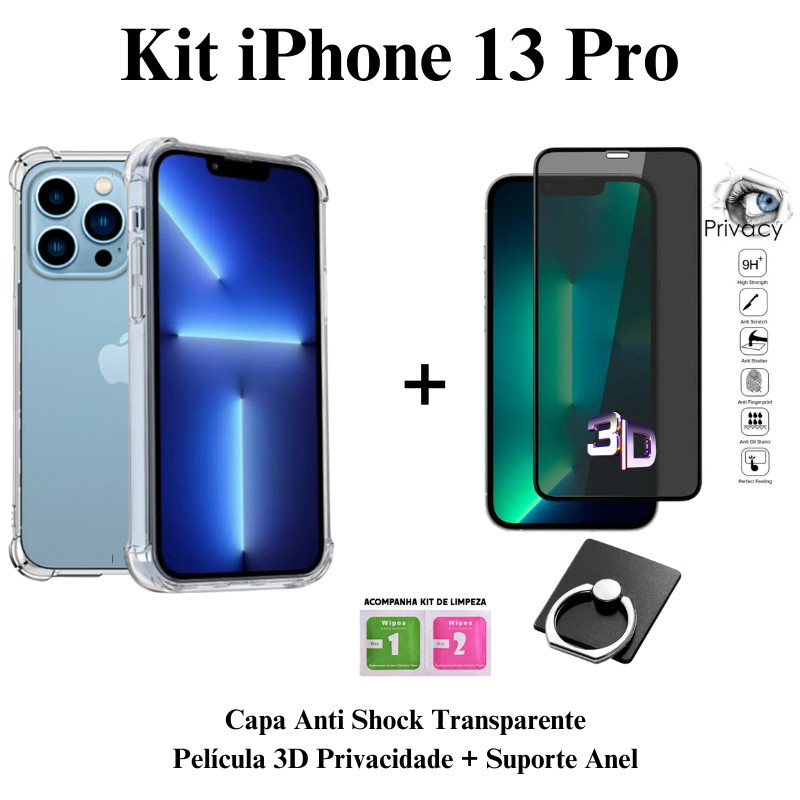 Kit Capa Transparente + Película 3D de Vidro Privacidade + Suporte de Anel para Iphone 13 Pro