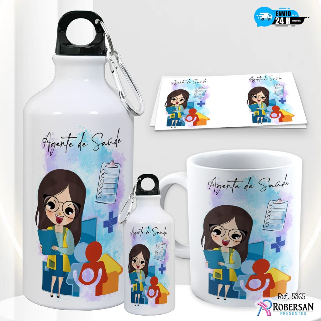 Kit Caneca Personalizada + Garrafinha Agente de Saúde Garrafa de Água Squeeze Aluminio 500ml