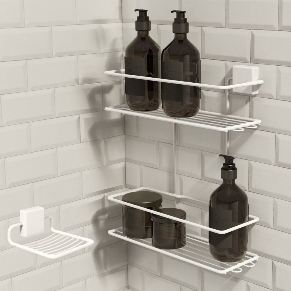 Kit Porta Shampoo e Saboneteira Adesivo 3M Dupla Face 2 Acessórios Banheiro Premium Fixo