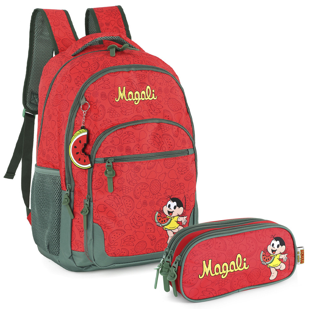 Kit Mochila De Costas Escolar Estojo Turma da Mônica Magali