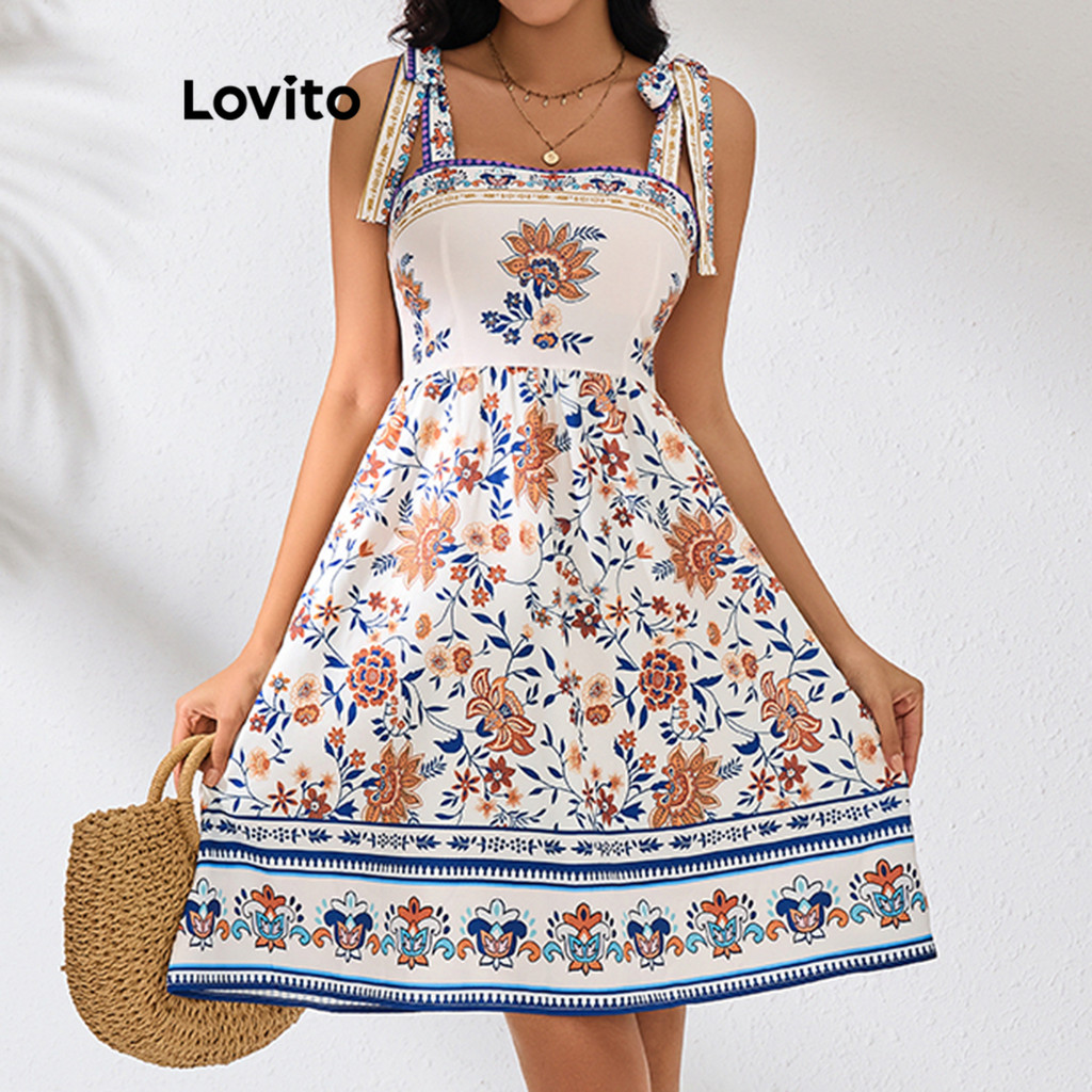 Lovito Vestido de renda com estampa de plantas boho para mulheres LBL17772