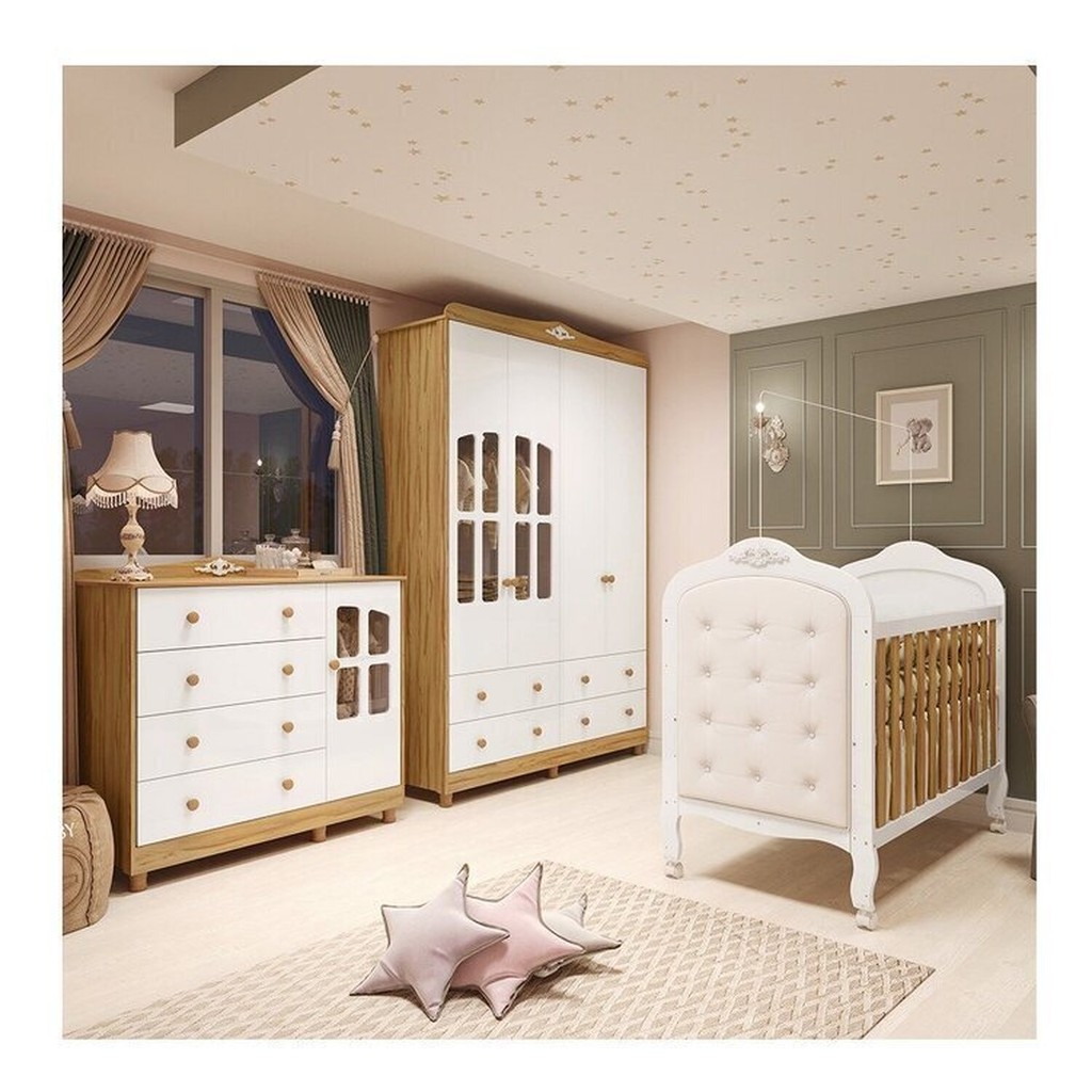 Quarto de Bebê Guarda-roupa e Cômoda com Janelas e Berço com Capitonê Maya Clássico Espresso Móveis - Mom & Baby