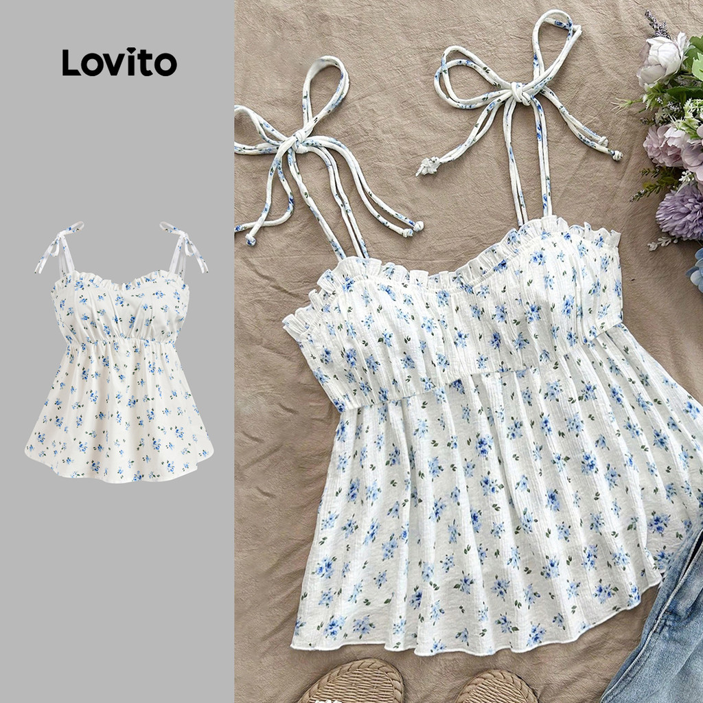 Lovito Boho Top Ditsy Floral Flowers Lace Up Regata De Verão/Primavera Para Mulheres L124AD1347 - Women Clothes
