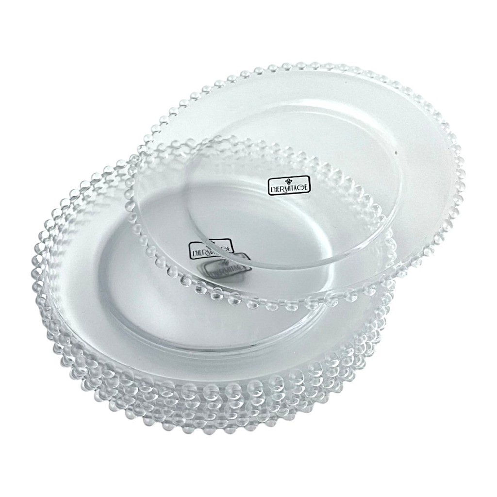 Jogo 06 Pratos Sobremesa Cristal Bolinhas Transparente 19cm