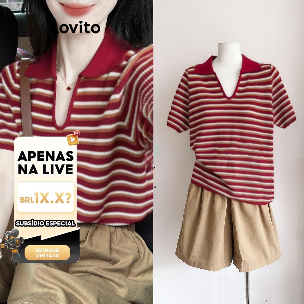 (LIVE STREAM SALE) Lovito Camiseta casual listrada colorblock para mulheres LNE73834