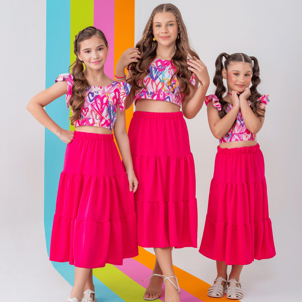 Conjunto Saia Longa Blusa Cropped Mini Diva Blogueirinha Moda Festa Infantil Menina  Luxo Elegante Roupa Rosa Kit
