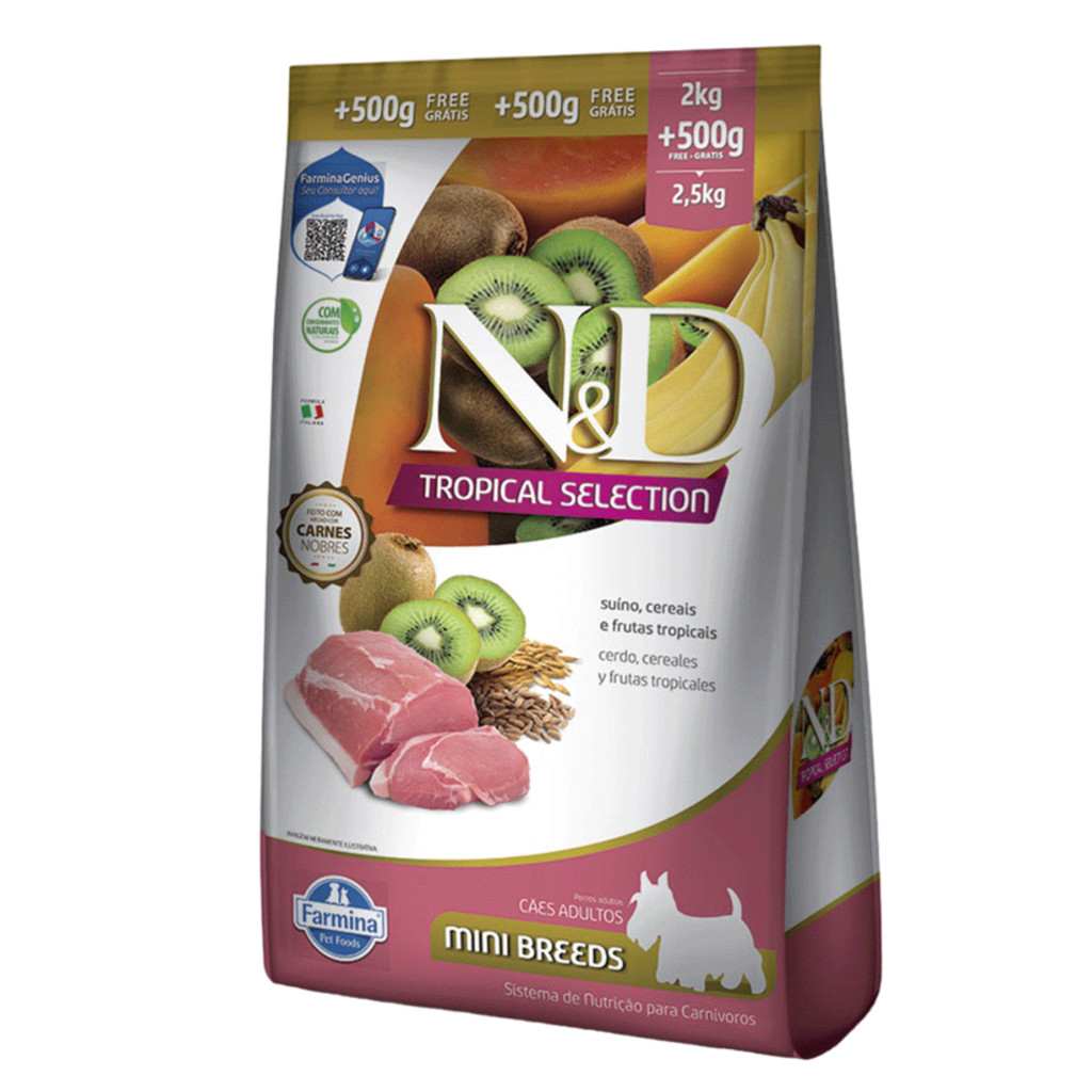 Ração N&D Tropical Selection Cães Adultos 2kg + 500g Grátis Porte Mini e Pequeno Sabor Suíno, Cereais e Frutas Tropicais em Oferta na Shopee