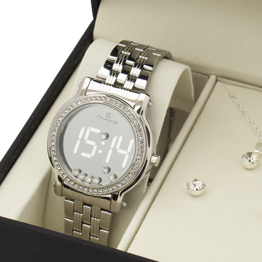 Relógio Digital Prata Feminino Champion Strass Led Original CH48055S - Watches