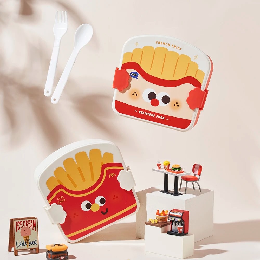 Marmitas com formatos e estampas de lanches fofas com travas de alta vedação e divisões internas