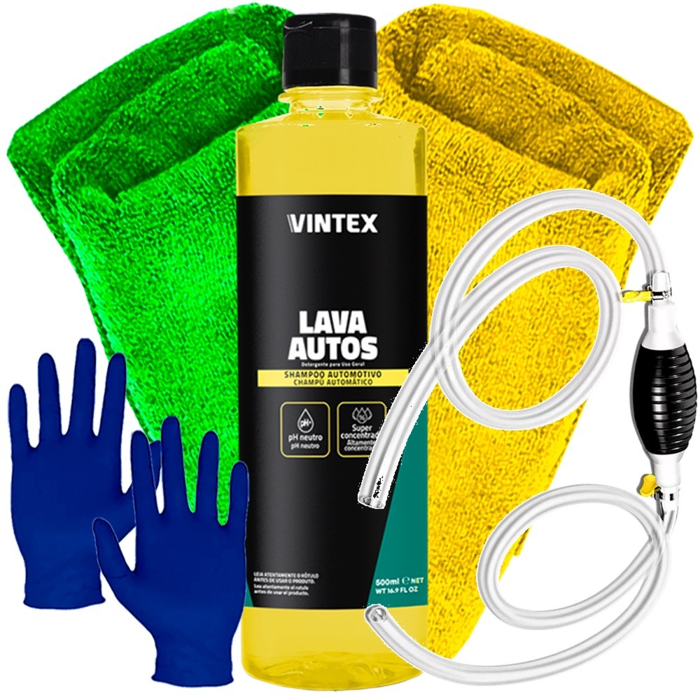 Kit Limpeza Automotiva Shampoo Lava Autos Vintex Bomba Sucção Combustível Luva Nitrílica Toalha Microfibra Karbox Oferta