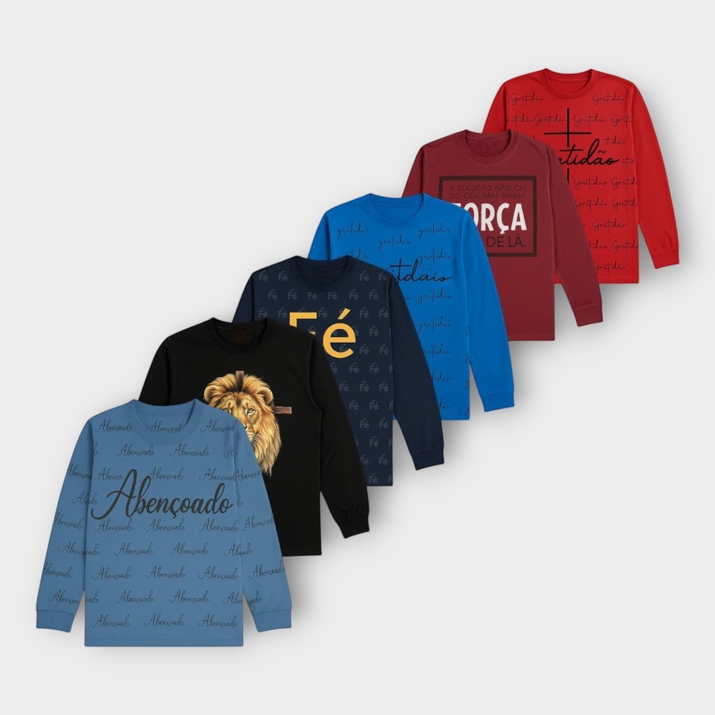 Kit 20 Camisetas Atacado Bíblicas Gospel Juvenis Manga Longa Com Punho Versículos Gratidão Fé