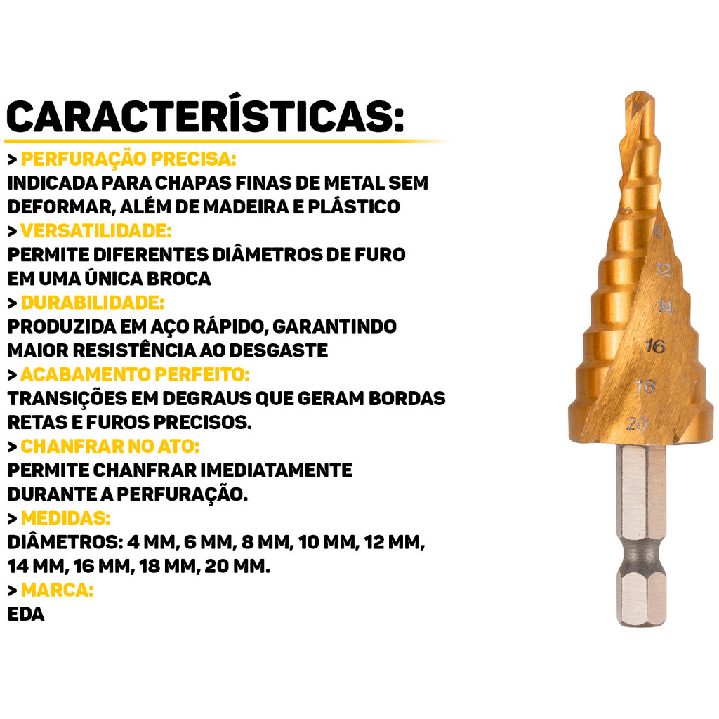 Detalhes do Broca Escalonada HSS 4 A 20mm Em Aço Rápido P/ Perfuração Profissional De Chapas De Metal Original Eda