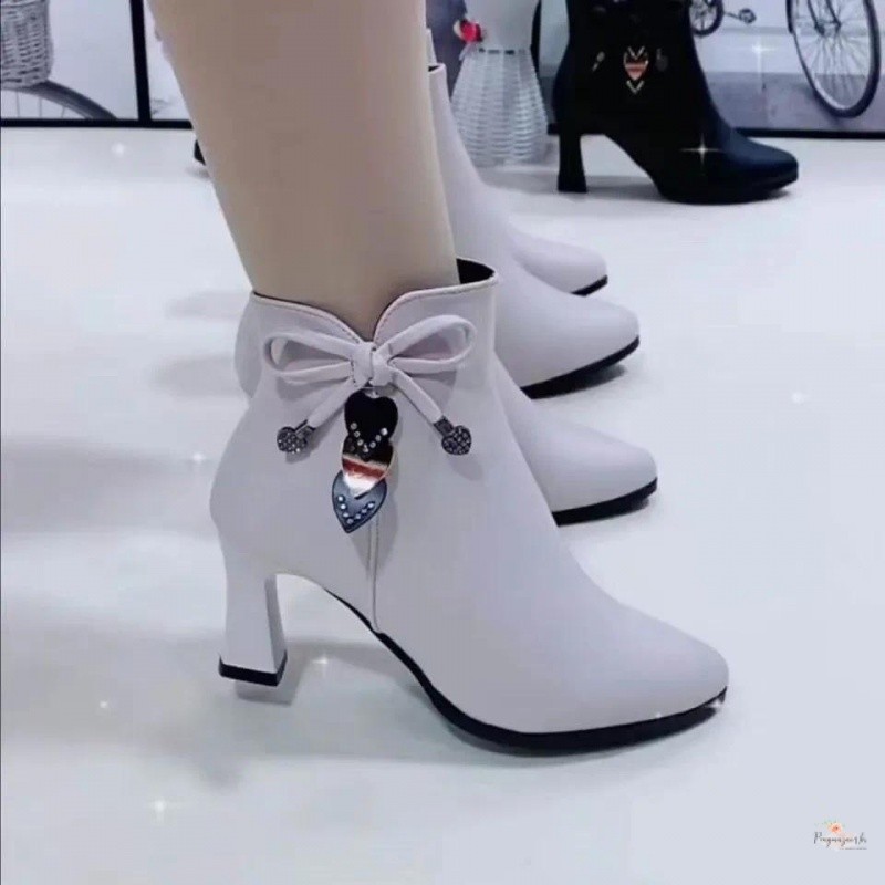 2024 Primavera e Outono Botas de Salto Alto das Mulheres Novo Zipper Branco Sapatos Femininos À Prova D 'Água 6918