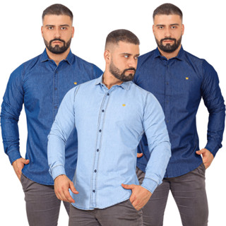 Camisa Jeans Masculina Social Manga Longa Moda Slim Fit Luxo P M G GG em Oferta na Shopee