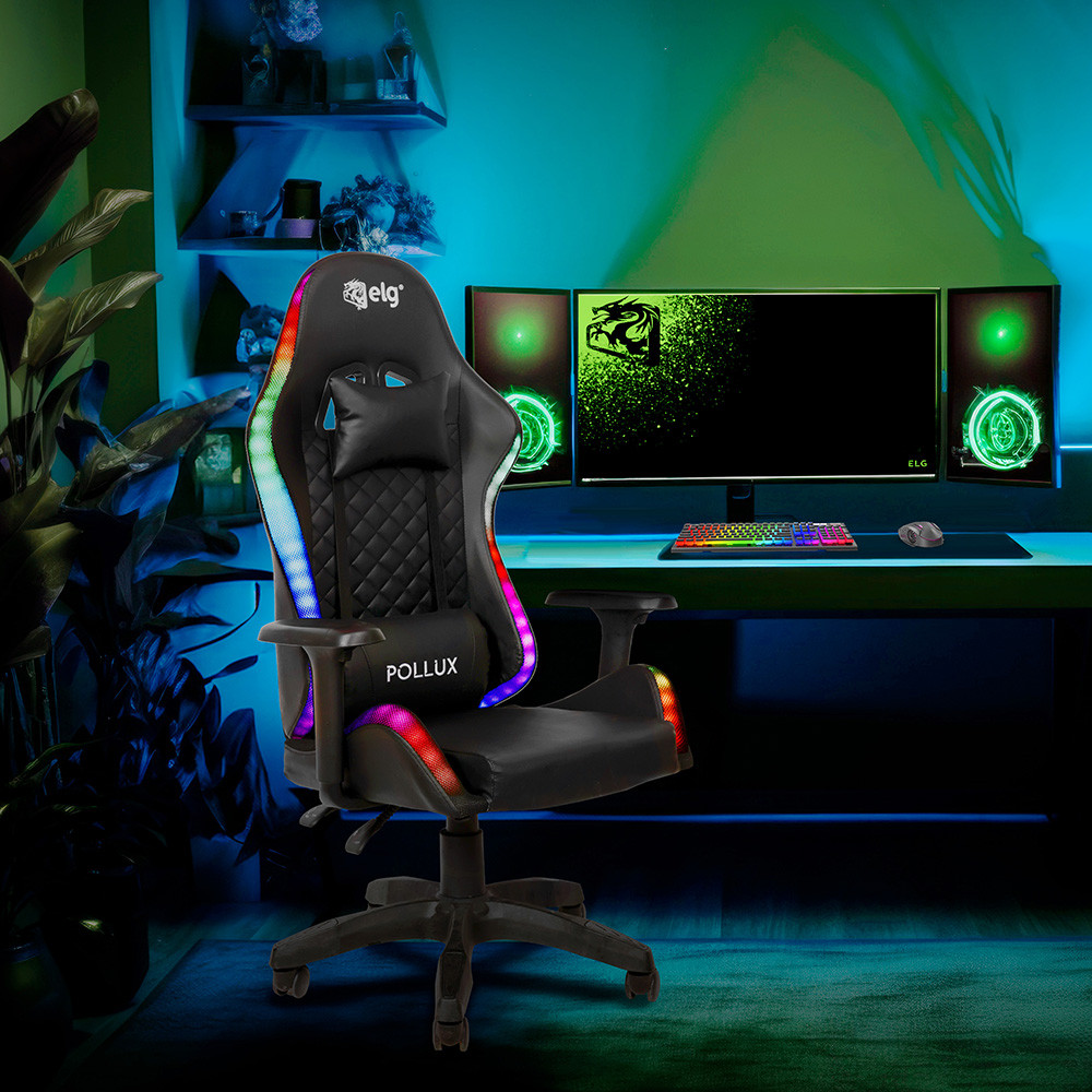 Cadeira Gamer RGB ELG Pollux Preta Reclinável 135° Braço 3D Até 150kg CH08BKRGB