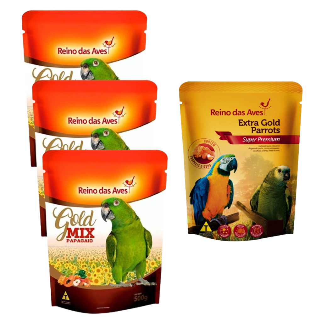Kit 3 Papagaio Gold Mix 500g cada e 1 Extra Gold Parrots 400g REINO DAS AVES