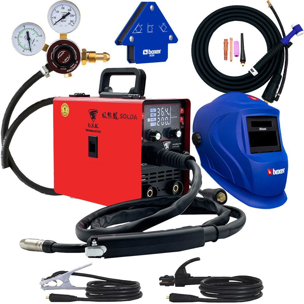 Kit Soldador Serralheiro Maquina De Solda Inversora Multiprocesso Mig 200 Tig Eletrodo Mascara Tocha Regulador Usk