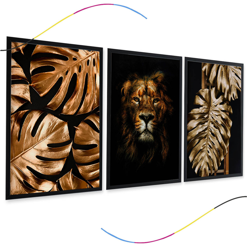Quadro decorativo leão, folhas, goldem, douradas, para, sala, quarto, escritório