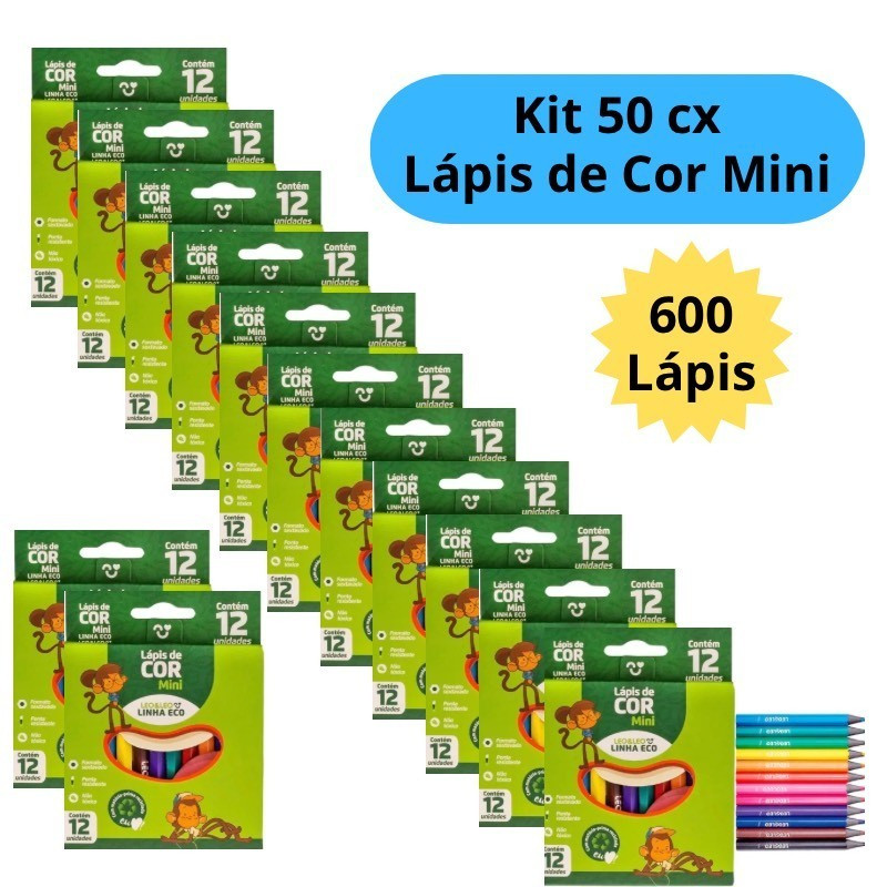 Kit 50 Caixas de Lápis de Cor Mini Caixa com 12 Cores Festa Lembracinha Escolar Leo&Leo