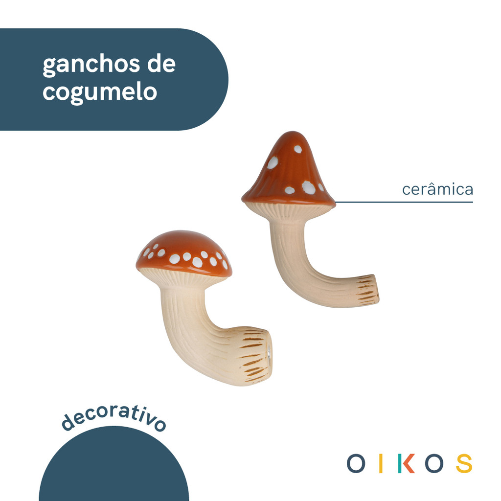 Detalhes do kit 2 ganchos de cogumelo de cerâmica resistentes - Oikos