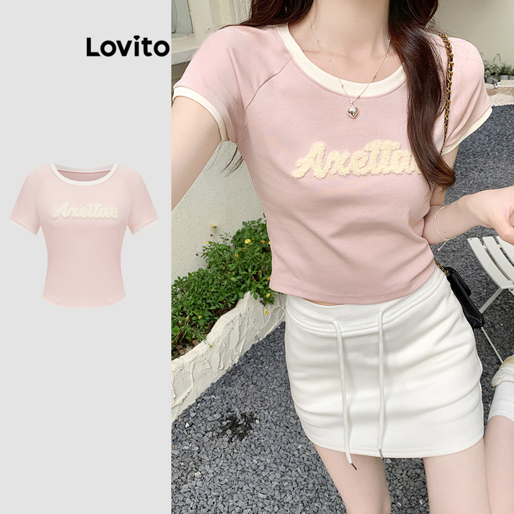 Lovito Camiseta Casual Lisa Bordada Contraste Encadernação Verão/Primavera Camiseta Feminina L88AD186 - Women Clothes