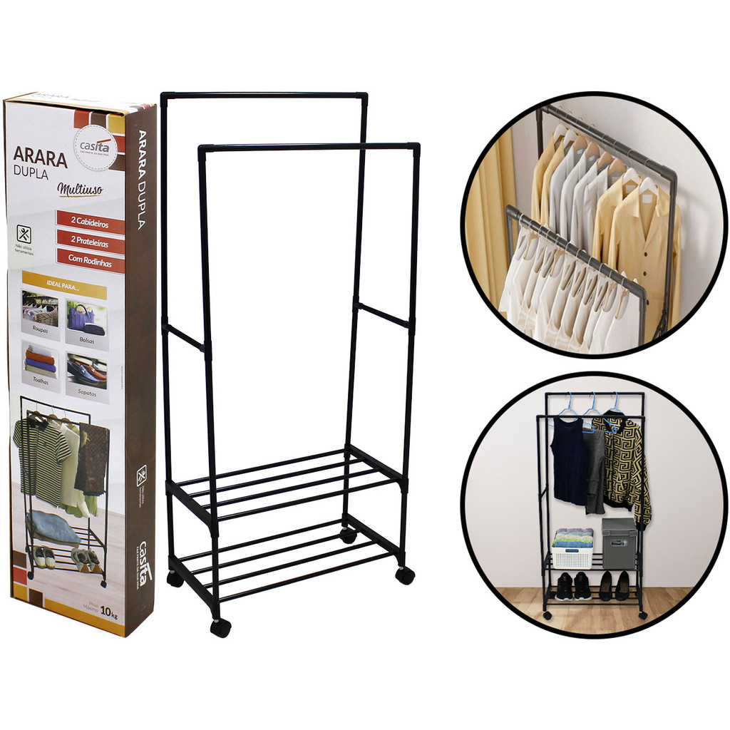 Arara Dupla Em Ferro Closet Organizador Para Roupas Cabideiro Com Sapateira Prateleira Rodinhas Multiuso em Oferta na Shopee