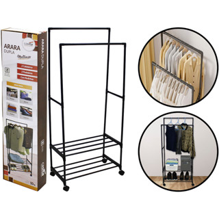 Arara Dupla Em Ferro Closet Organizador Para Roupas Cabideiro Com Sapateira Prateleira Rodinhas Multiuso em Oferta na Shopee