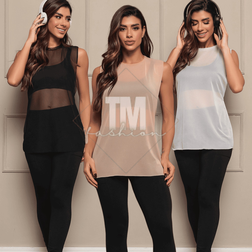 Regata Feminina Transparente de Tule Camiseta Blusa Academia Treino Camisa Musculação Premium