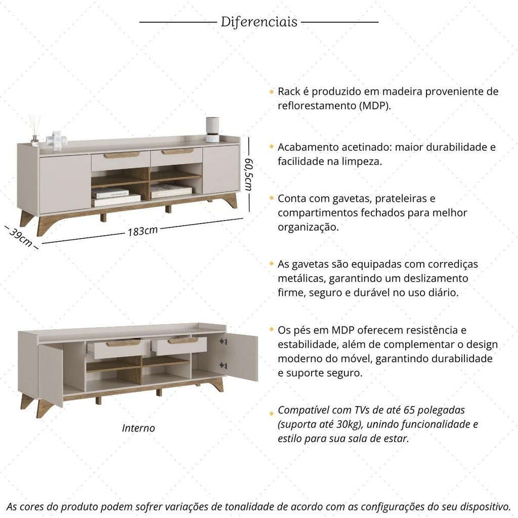 Rack para TV até 65 Polegadas com 2 Portas e 2 Gavetas Multimóveis MP1101