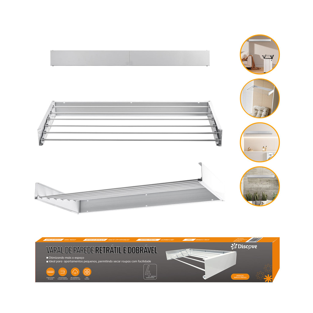 Varal retrátil parede Apartamento Alumínio mágico Dobrável Reforçado 60cm 80cm 100cm Não E...