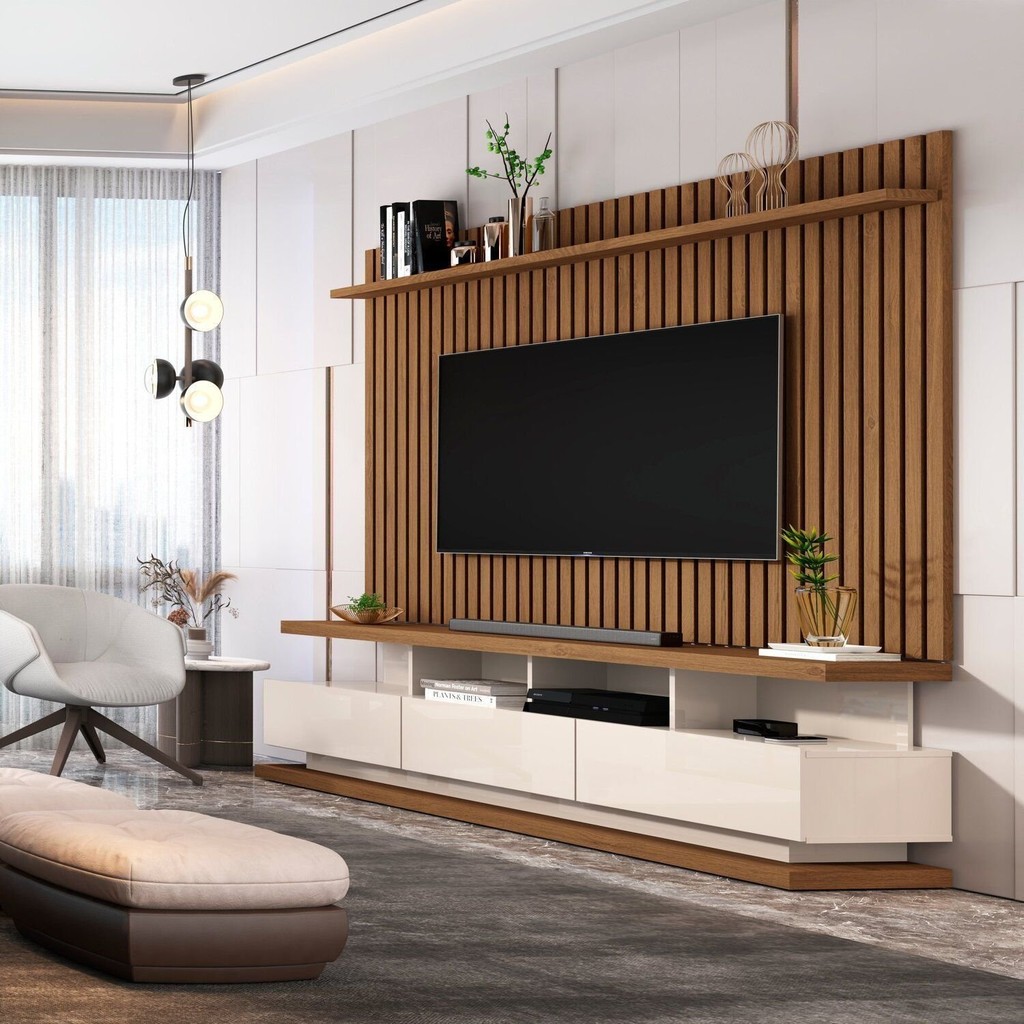 Rack com Painel Ripado para Tv até 72 Polegadas 3 Gavetas e Pés com Rodízios Vivare Classic