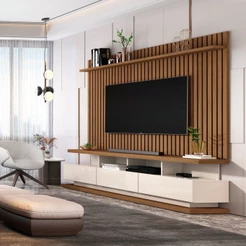 Rack com Painel Ripado para Tv até 72 Polegadas 3 Gavetas e Pés com Rodízios Vivare Classic