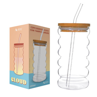 COPO DE VIDRO CLOUD COM TAMPA DE BAMBU E CANUDO DE VIDRO DRINKS 450ML