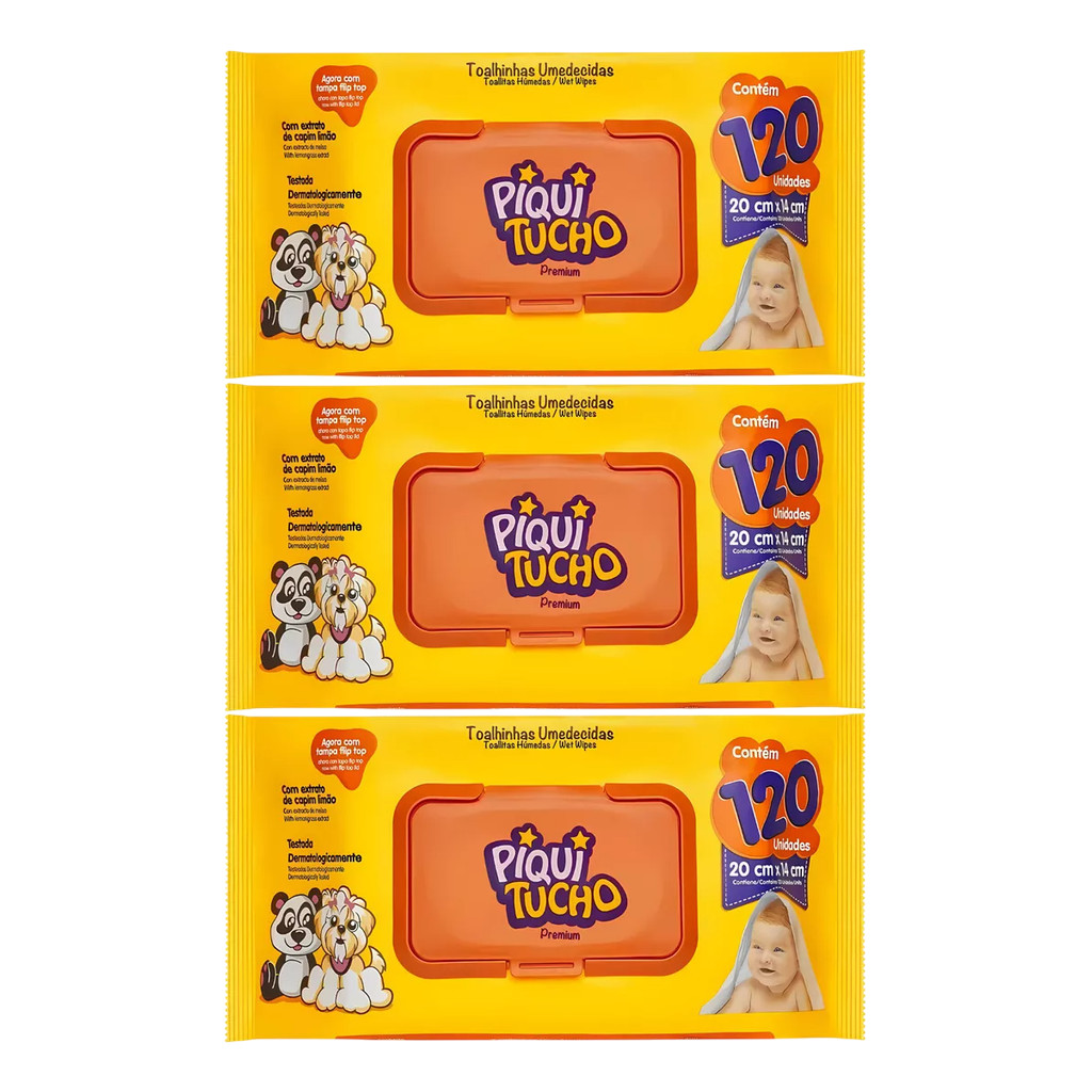 Kit 3x Toalhas Umedecidas Piquitucho Premium 120 U