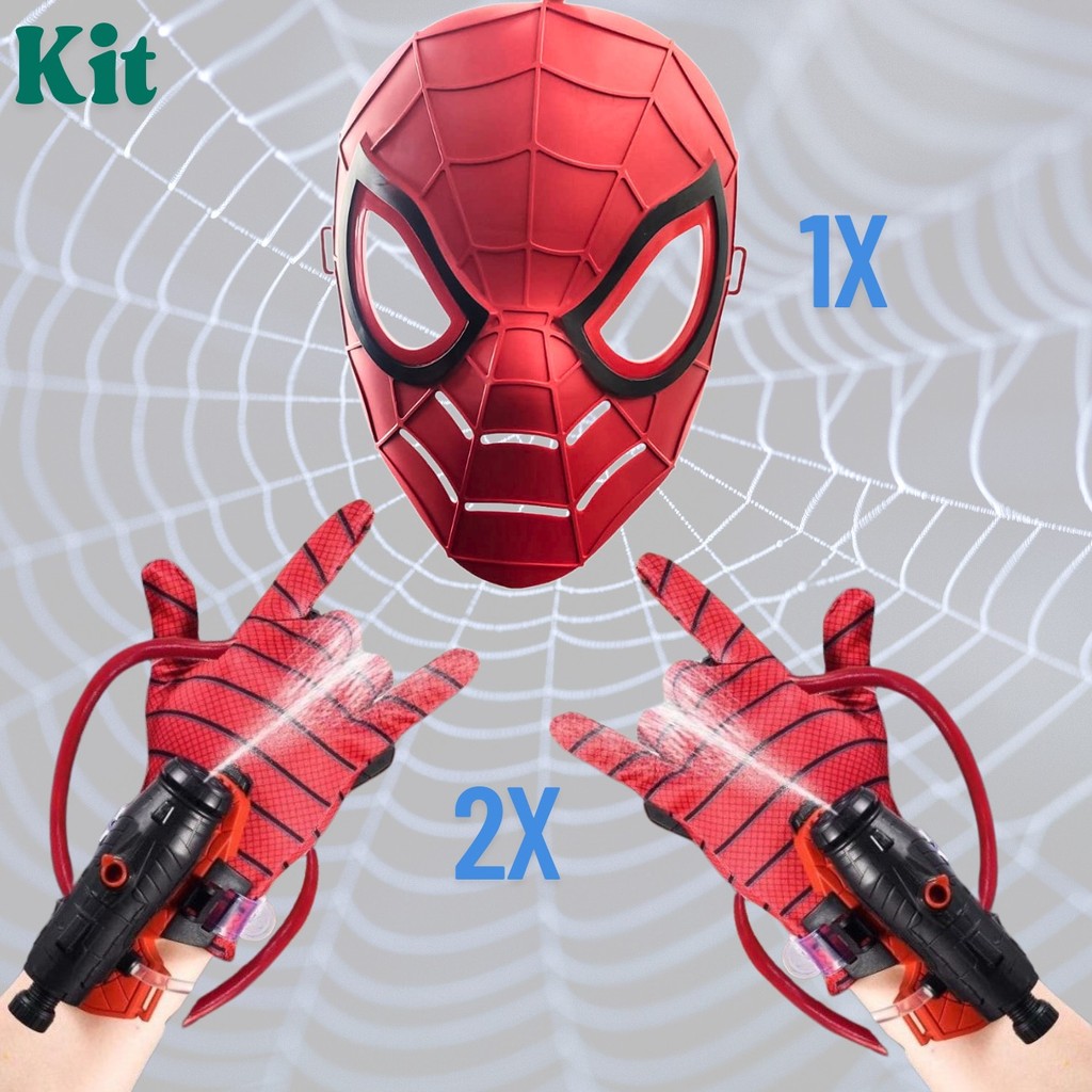 Kit Lança Agua Aranha: Máscara + 2x Luvas Lança água ou Máscara com 1x Luva  ou 1x Luva  – Brinquedo pistola dágua