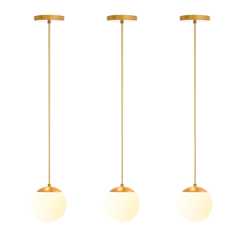 KIT C/3 LUSTRE PENDENTE GLOBO BOLA VIDRO LED JABUTICABA STUTTGART DOURADO FOSCO - BRANCO QUENTE
