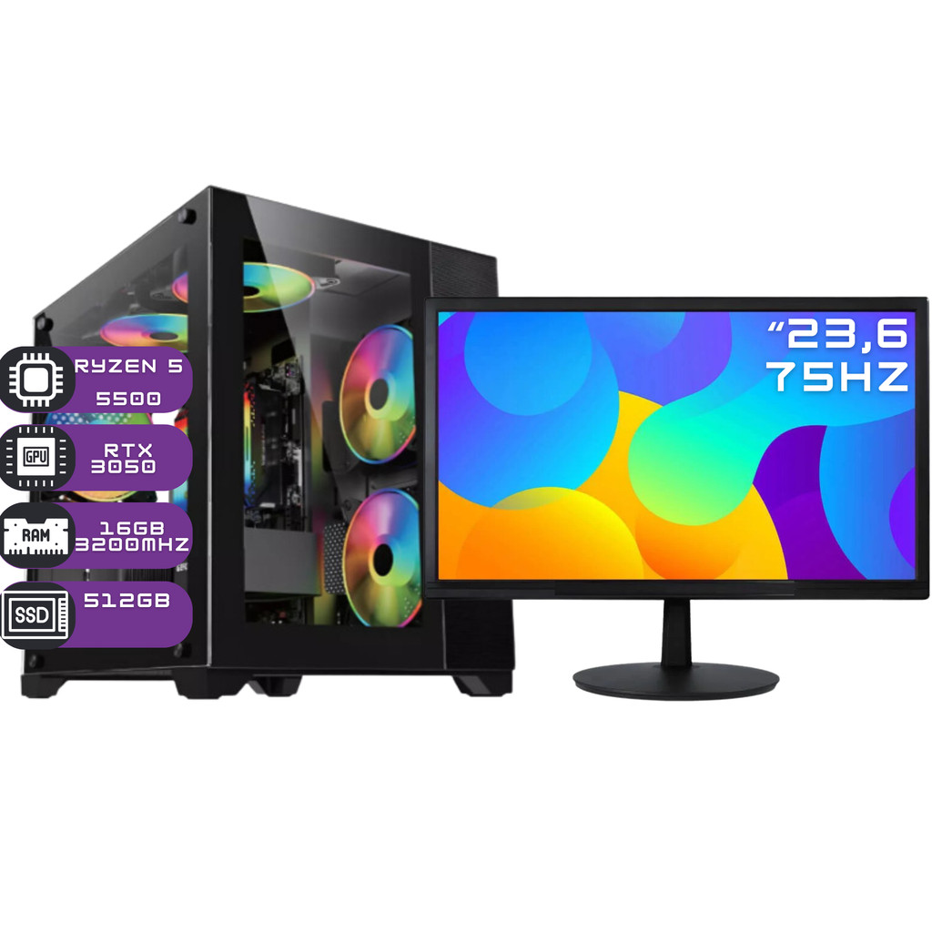 PC Gamer Agaron Completo - Monitor - Ryzen 5 5500, NVídia GeForce RTX 3050, 16GB