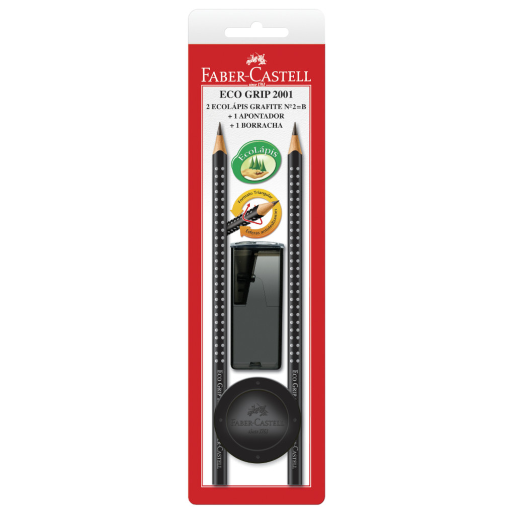 Lápis Grafite Eco Triangular Grip 2001 Preto 2 Un + Apontador + Borracha - Faber-Castell