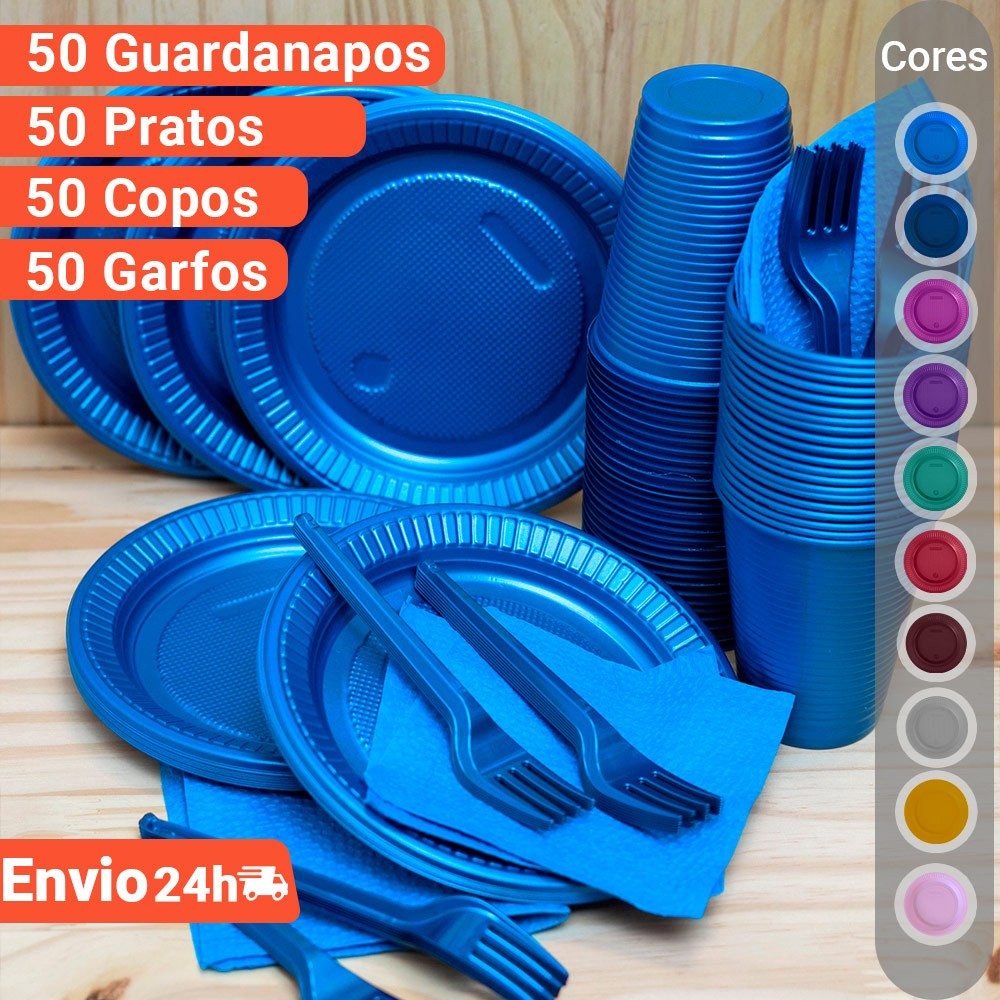 Kit Descartáveis Perolado Prato, Copo, Garfo e Guardanapo 50 pessoas - Cores Padronizadas