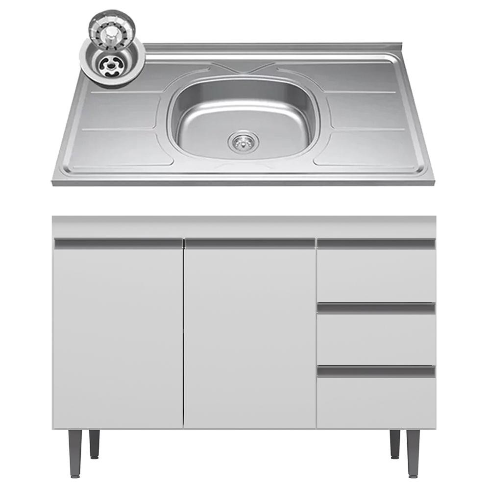 Balcão de Cozinha Com Pia Inox 100cm 3 Gavetas Andréia Branco - AJL Móveis em Oferta na Shopee