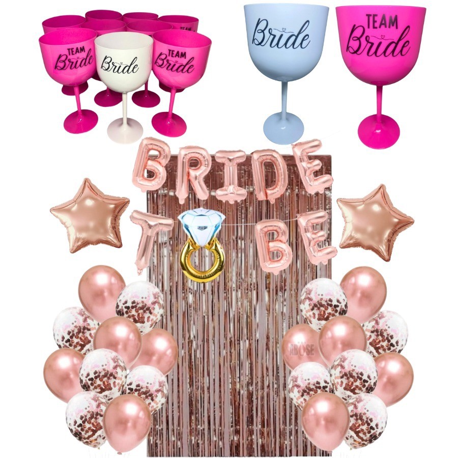 Kit Despedida de Solteira Cortina Painel Metalizado Balões Bride To Be + 14 Taças Festa Noiva Noivado Chá Lingerie