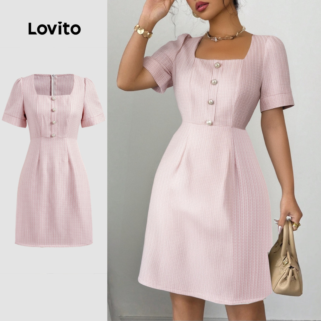 Lovito Vestido elegante de pérolas frontais com botão liso para mulheres  LBL22551 - Women Clothes