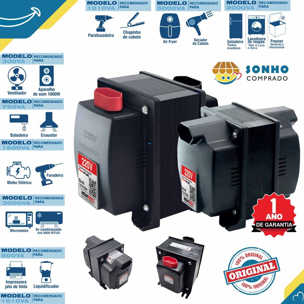Auto transformador flexvolt preto 127V para 220V - 220V para 127V InterNEED 110v 220v 375W 505W 750W 1000W 1500W 2500W