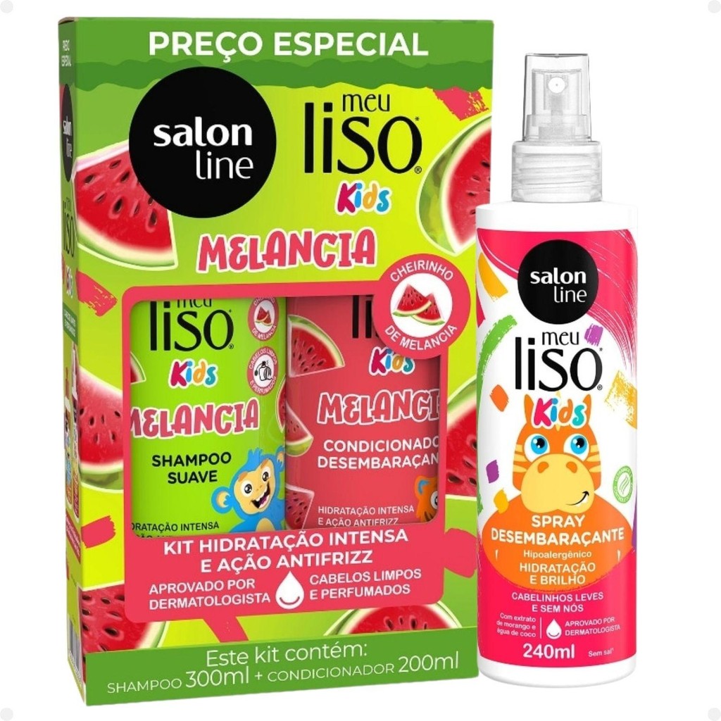 Kit Salon Line Meu Liso Kids: Shampoo 300ml e Condicionador 200ml Melancia + Spray 250ml