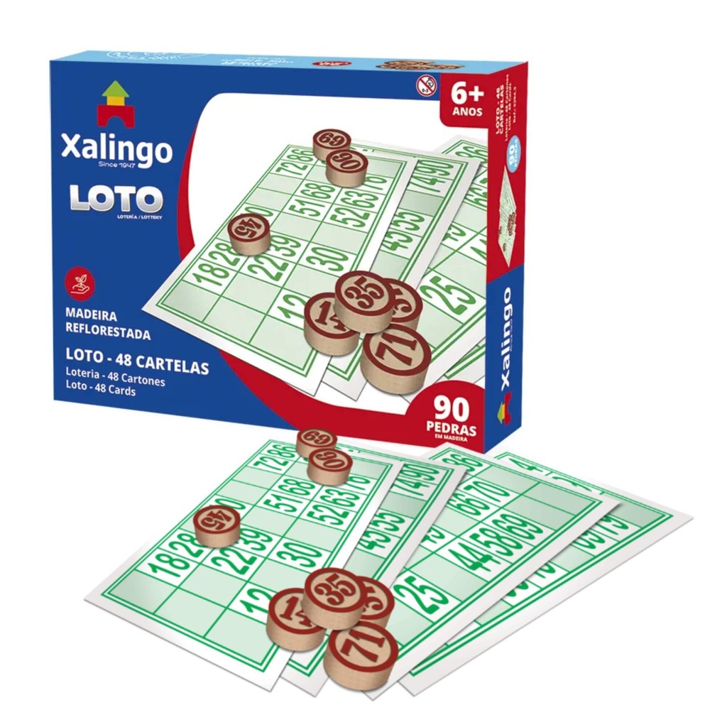 Jogo de Loto 48 Cartelas Cartões com Peças de Madeira Xalingo 5294.3