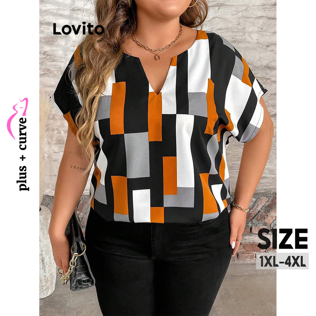 Lovito Blusa Curva Plus Size Casual Patchwork Blusa Colorblock Para Mulheres LNL81191 em Oferta na Shopee