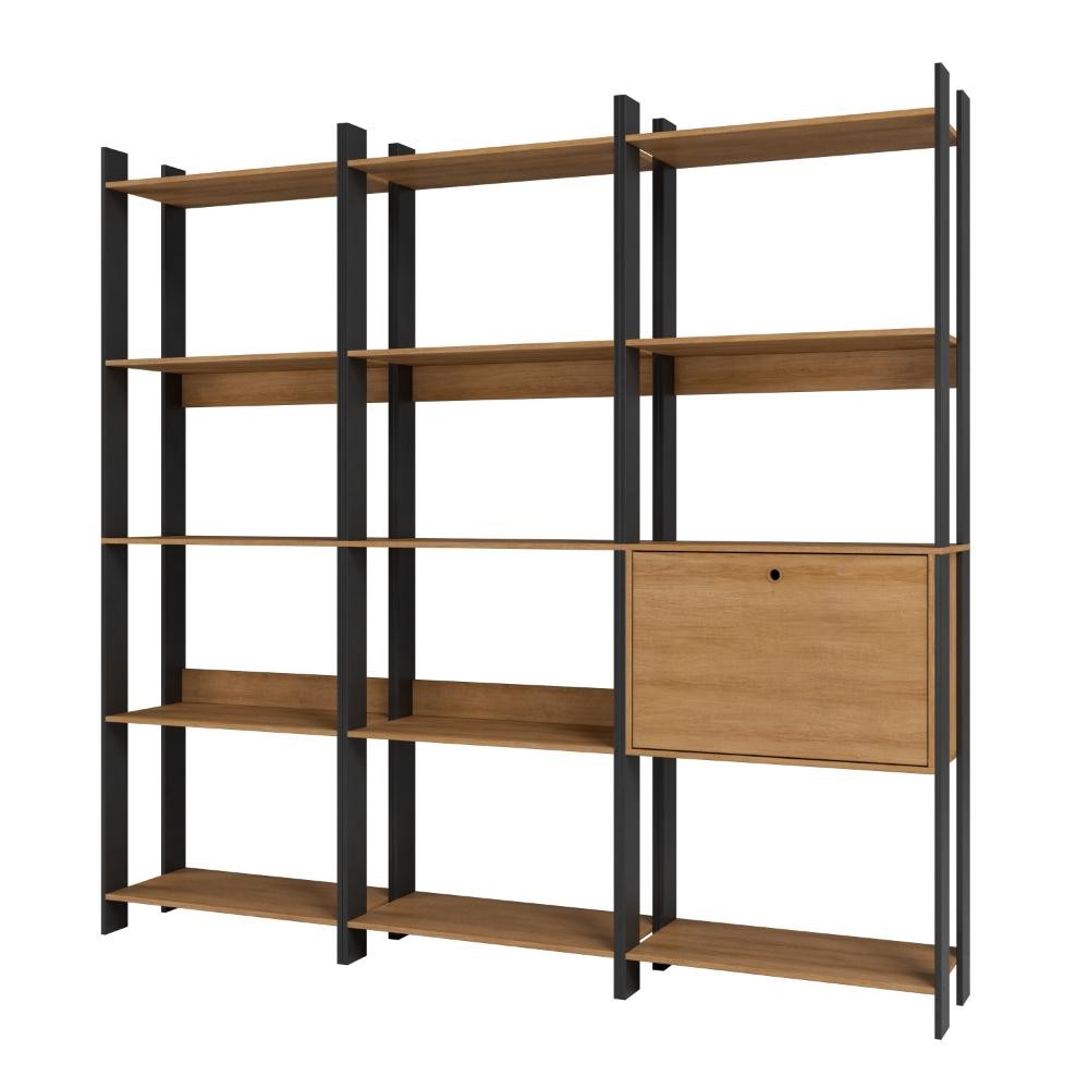 Kit 3 Estantes para Livros 1 Porta 15 Prateleiras Estilo Industrial Lâmina Mel/Preto - BRV Móveis em Oferta na Shopee