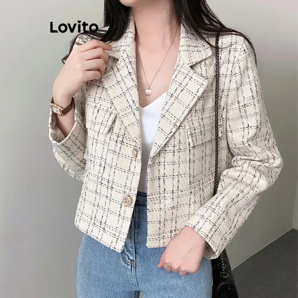 Lovito Casaco Casual Guingão Com Botão Frontal Para Mulheres LNE29212 (Multicolorido/Preto) - Women Clothes
