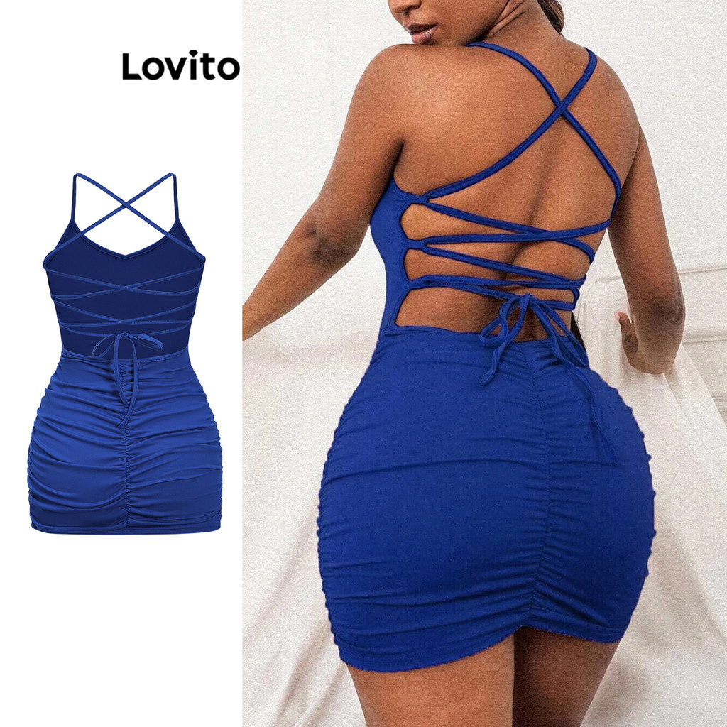 Lovito Vestido Sexy Minivestido Liso Com Amarração Nas Costas Para Mulheres LSL02035 em Oferta na Shopee