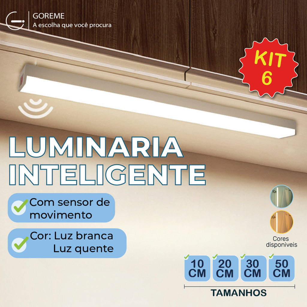 Kit 6 Smart Luminária Inteligente Ultra LED com sensor de movimento sem fio e Recarregável USB fino barra 10/20/30/50cm